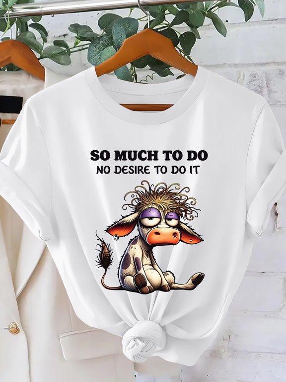 Women's Summer Top Lazy Sleepy Calf Funny English Cartoon Print T-Shirt Grumpy Cute Style Crew Neck Short Sleeve