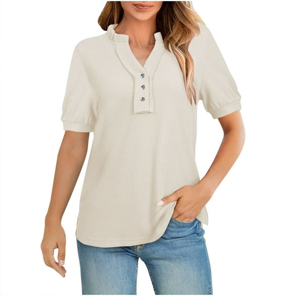 ZQUUVOU Women's Summer Top Solid Color V-Neck Button Up Knit Short Sleeved Shirt Beige