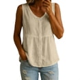 thumbnail image 1 of Women's Summer Top Trendy V Neck Button Down Tank Tops Flowy Cotton Linen Sleeveless Shirts with Tiered Ruffle Hem Beige S, 1 of 6