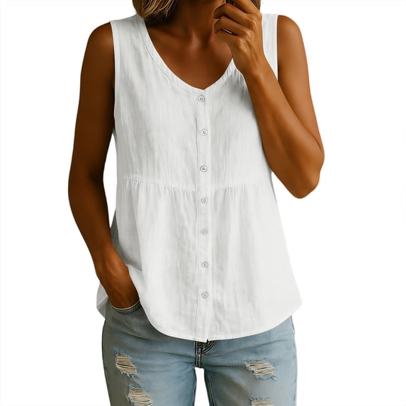Women's Summer Top Trendy V Neck Button Down Tank Tops Flowy Cotton Linen Sleeveless Shirts with Tiered Ruffle Hem White XL