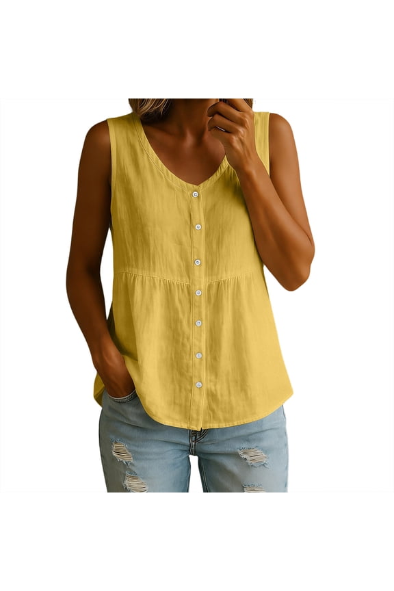 Women's Summer Top Trendy V Neck Button Down Tank Tops Flowy Cotton Linen Sleeveless Shirts with Tiered Ruffle Hem Yellow 2XL