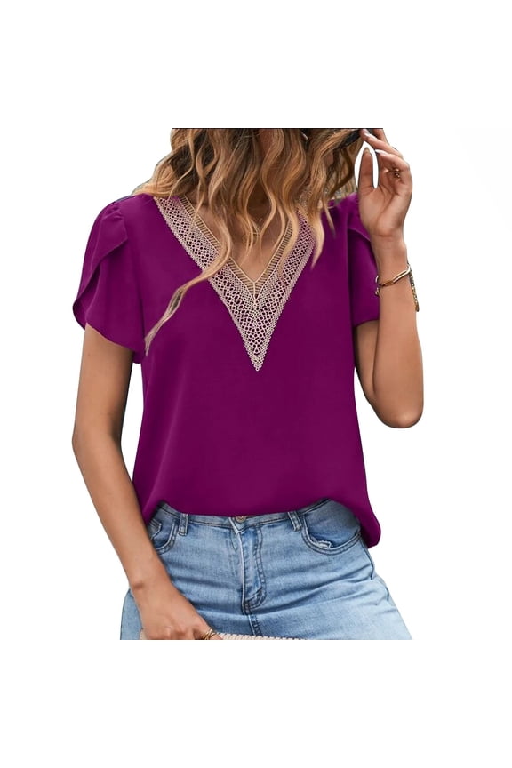 Women's Summer Top in Fuchsia XL - Casual V-Neck with Petal Sleeves and Lace Splice Detail