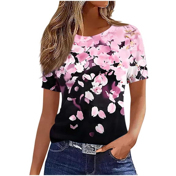 Women's Summer Tops 2025 Crew Neck Short Sleeve Loose Fit Casual Blouses Trendy Printed Tees Dressy for Seniors