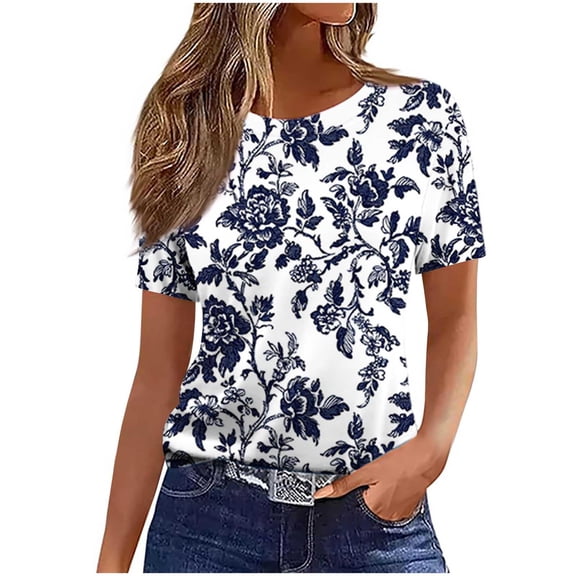 Women's Summer Tops 2025 Crew Neck Short Sleeve Loose Fit Casual Blouses Trendy Printed Tees Dressy for Seniors