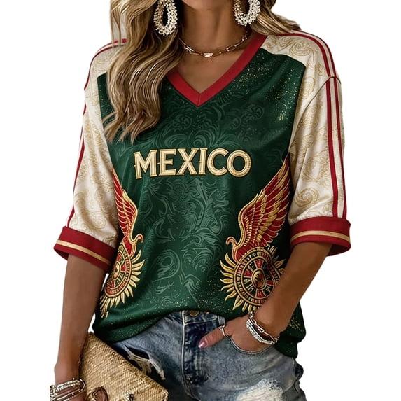 Women's Summer Tops 2026 Soccer Cup V Neck American Flag Mexico Soccer Jersey Short Sleeve Fan Wear Football Graphic Tees Dark Green XXXL