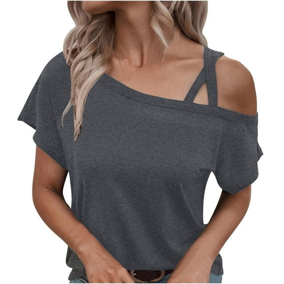 Women's Summer Tops Asymmetric V Neck Cross One Shoulder Short Sleeve Shirts loose Tunic Comfortable Blouses (2XL, Gray)