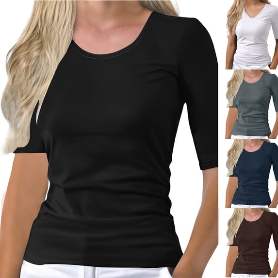 Women's Summer Tops BWASD Casual Crewneck Short Sleeve Slim Fit Basic Blouse Solid Color Thin Shirt Tee Tops for Business Wokrout Go Out Outfit Trendy Black S-5XL