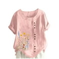 thumbnail image 1 of Women's Summer Tops Casual Cotton Linen T Shirts Short Sleeve Round Neck Tee Shirts Oversized Floral Graphic Blouses, 1 of 4