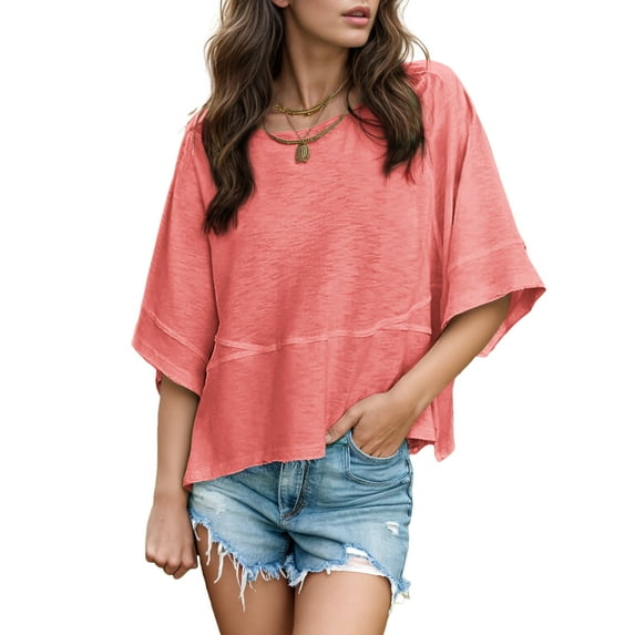 Women's Summer Tops Casual Crew Neck Blouse Batwing Basic Half Sleeve Loose Fit Cute Flowy Shirts