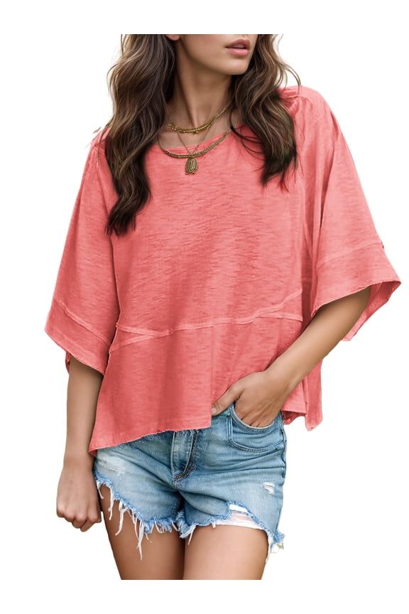 Women Summer Tops Casual Crew Neck Blouse Batwing Basic Half Sleeve Loose Fit Flowy Tee, Pink XL
