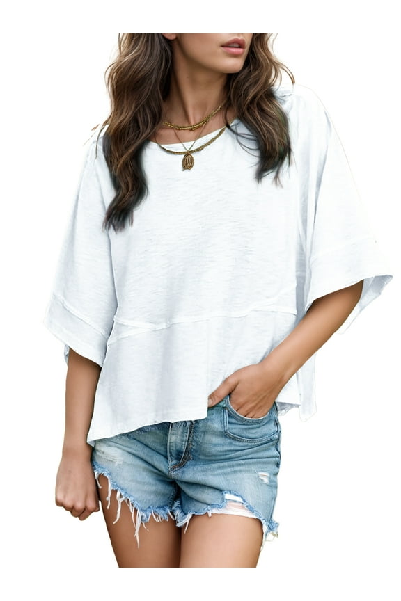 Women's Summer Tops Casual Crew Neck Blouse Batwing Basic Half Sleeve Loose Fit Cute Flowy Shirts