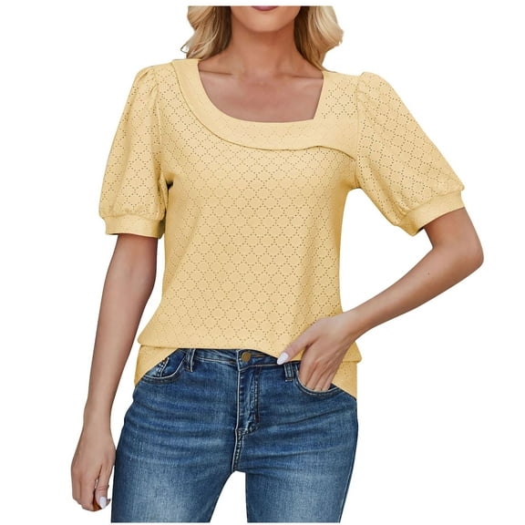 Diufon Women's Summer Tops Casual Puff Short Sleeve Asymmetrical Neck Shirts Solid Color Dressy Blouse