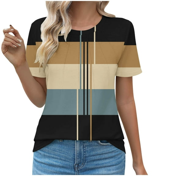 Women's Summer Tops Casual Short Sleeve Crew Neck Shirts Color Block Looos Going Out Business Blouses