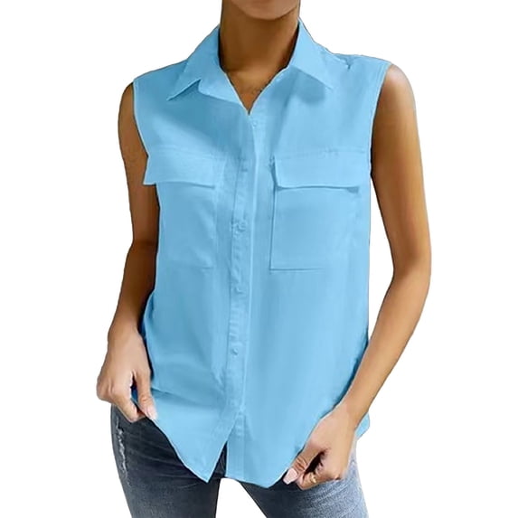 Women's Summer Tops Casual Sleeveless Solid Color Button Vests Clothes Lightweight T Shirts Women Work Blouses Shirts
