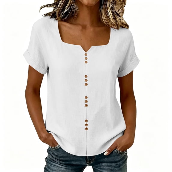 Women's Summer Tops Casual Solid Plain T-Shirts Ladies Lightweight Square Notch Neck Short Sleeve Shirt Loose Plus Size Lightweight Button Down Tunic Tees for Daily Everyday Wear