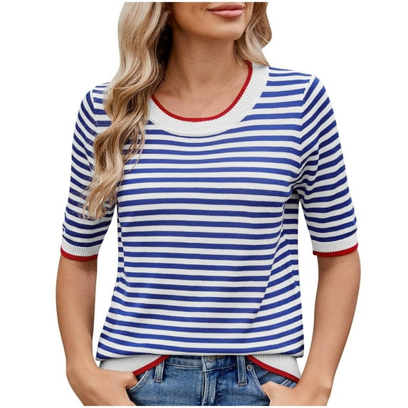 Women's Summer Tops Casual Striped Crew Neck Short Sleeve T Shirts Trendy 2025 Lightweight Blouses