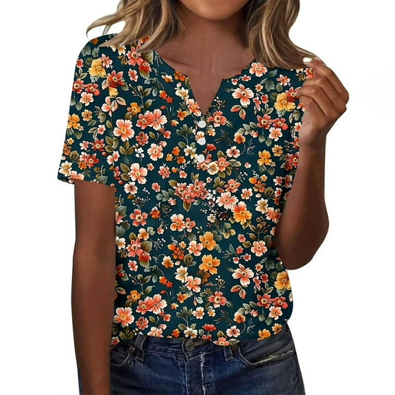 Women's Summer Tops Casual V-neck T-shirts Fashion Retro Printed Shirts Loose Summer Short Sleeve Blouses Pullover Top 08#Multicolor S