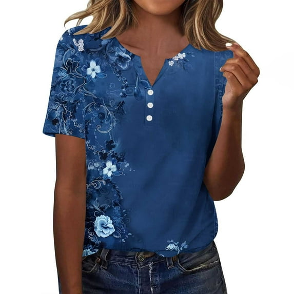 Women's Summer Tops Casual V-neck T-shirts Fashion Retro Printed Shirts Loose Summer Short Sleeve Blouses Pullover Top 09#Multicolor XL