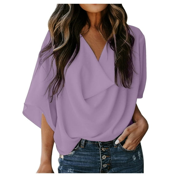 Women's Summer Tops Chiffon V Neck Ruched Trendy Blouses Tunic Loose Lightweight Casual Short Sleeve T Shirts Tops