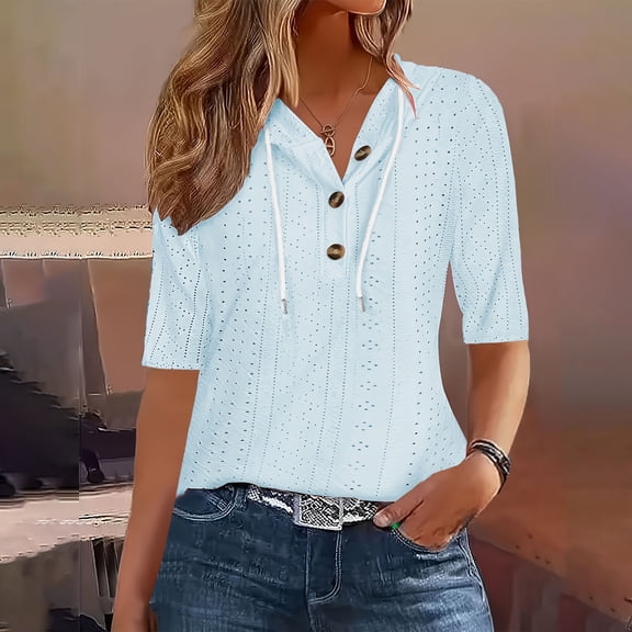 Women's Summer Tops ,Womens Summer Tops Knit Short Sleeve Lightweight Drawstring Hoodies Button V Neck Casual Blouses Shirts