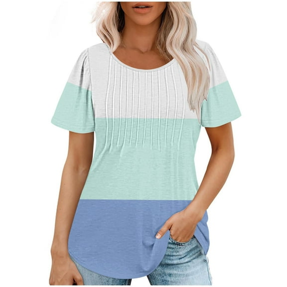 Women's Summer Tops Color Block Pleated Crew Neck Short Sleeve Tunic Shirts Casual Loose Fit Flowy Blouses (2XL, Blue)