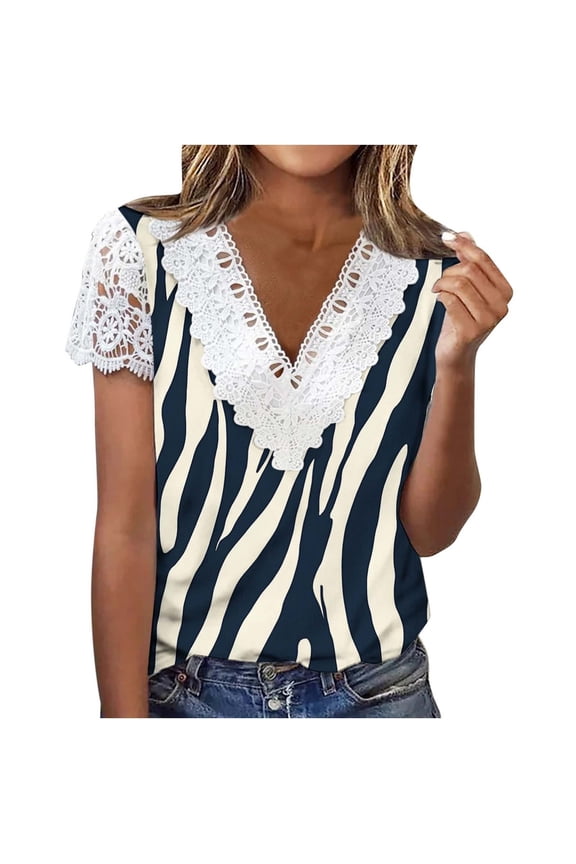 Women's Summer Tops Contrast Lace V Neck Short Sleeve Blouse Trendy Boho Floral Print Tunic Shirts Blusas De Mujer Elegantes