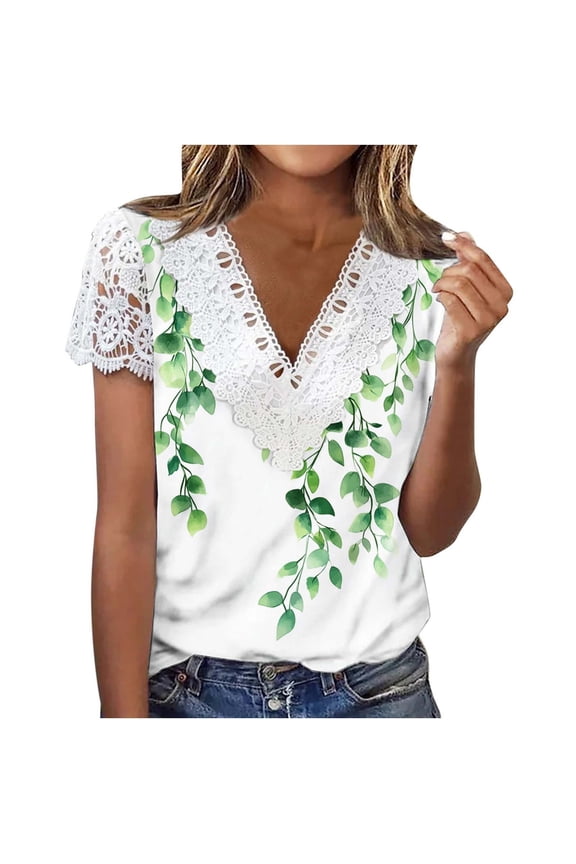 Women's Summer Tops Contrast Lace V Neck Short Sleeve Blouse Trendy Boho Floral Print Tunic Shirts Blusas De Mujer Elegantes