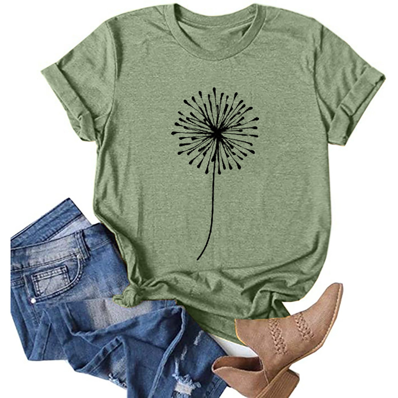 Mint Green Cotton Blend Women's Small Dandelion Print T-Shirt
