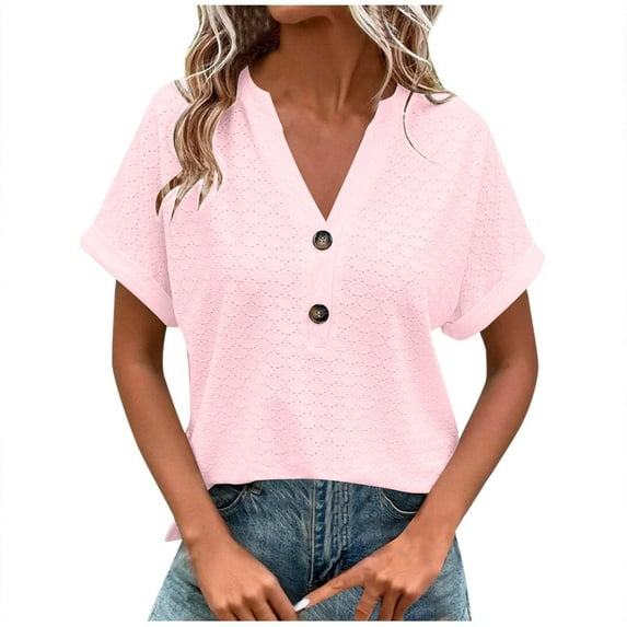 Women's Summer Tops Dressy Casual Short Sleeve Button Down Shirts Loose Fit V Neck Tunic Blouses
