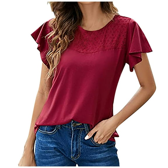 Women's Summer Tops Flutter Ruffle Short Sleeve Blouse Fashion Lace Crochet Eyelet Crewneck Casual Solid Shirts