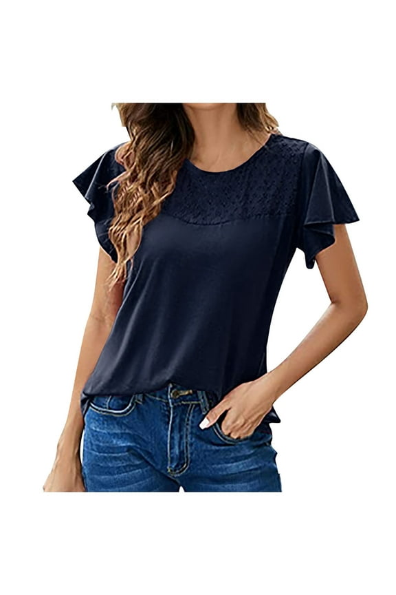 Women's Summer Tops Flutter Ruffle Short Sleeve Blouse Fashion Lace Crochet Eyelet Crewneck Casual Solid Shirts