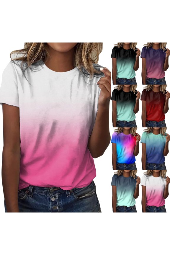 Women's Summer Tops Gradient Print O Neck Short Sleeve Casual Loose Fit Tee XL