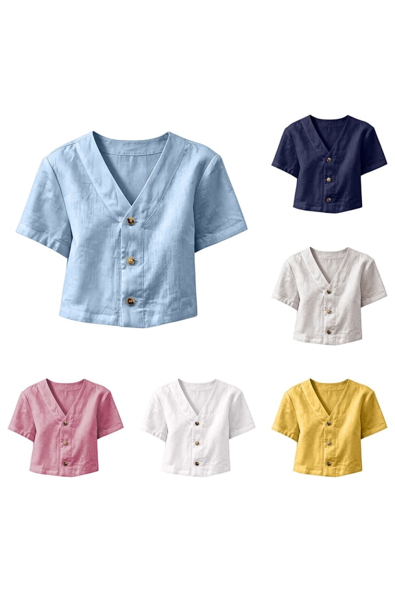 Women's Summer Tops Loose Fit Linen Cotton Short Sleeve Crop Blouse Breathable Lightweight Basic For Daily Wear