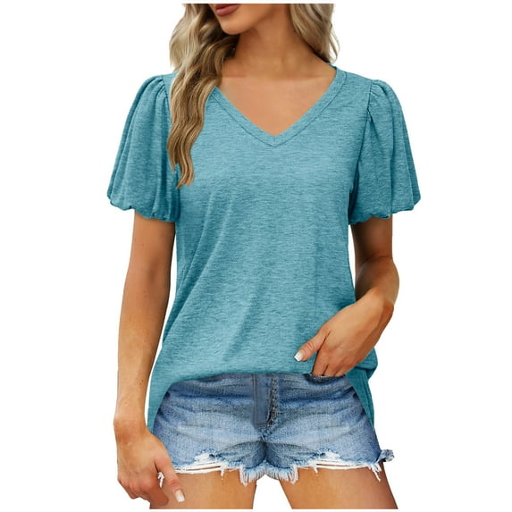Women's Summer Tops Loose Fit V-neck Puff Sleeve T-shirts Casual Short Sleeve Shirts for Women