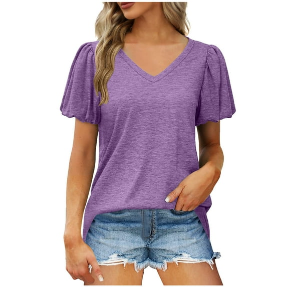 Women's Summer Tops Loose Fit V-neck Puff Sleeve T-shirts Casual Short Sleeve Shirts for Women