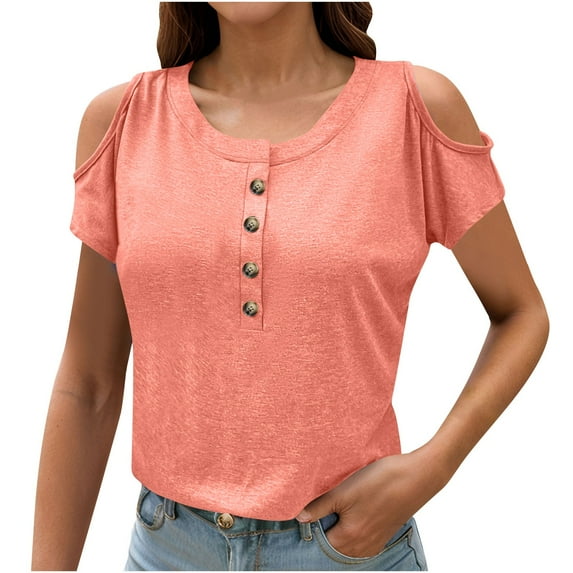 Women's Summer Tops New Round-neck Short-sleeved Off-the-shoulder Solid Color Button-down Casual Top Tunic Tops Cute Loose Ladies Blouses Pink 3XL