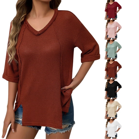 Women's Summer Tops New Summer Fashion Solid Color V-neck Five Quarter Sleeve Top T-shirt Tunic Tops Cute Loose Ladies Blouses Coffee XL