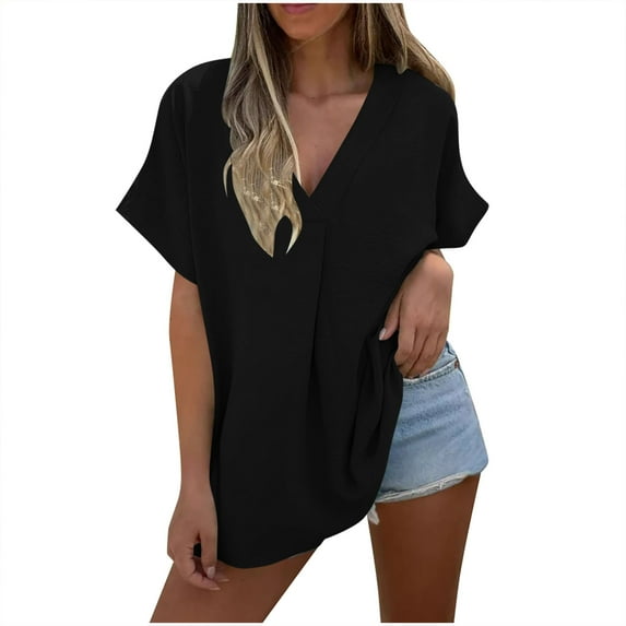 Women's Summer Tops Oversized Fit Short Sleeve V Neck Baggy Tunic Tshirts Lightweight Beach Fashion Clothes (XL, Black)
