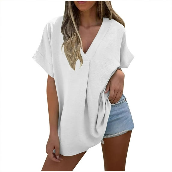 Women's Summer Tops Oversized Fit Short Sleeve V Neck Baggy Tunic Tshirts Lightweight Beach Fashion Clothes (XL, White)