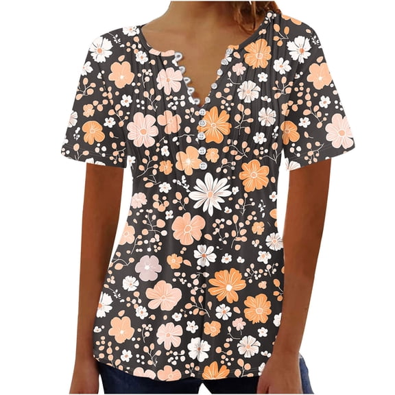 Women's Summer Tops Pleated Button down Shirts 2025 Trendy Casual Floral Printed Flowy Short Sleeve Blouses (M, Orange)