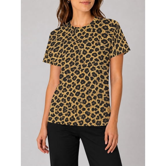 Women's Summer Tops Short Sleeve Crew Neck T-Shirts All-Over Leopard Print Knit Casual Blouse