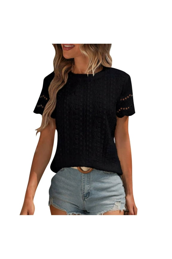 Women's Summer Tops Short Sleeve Round Neck Blouse with Ruching and Embroidery Eyelet Design, Casual Plain Color Breathable Shirt for Daily Wear