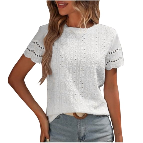 Women's Summer Tops Short Sleeve Round Neck Blouse with Ruching and Embroidery Eyelet Design, Casual Plain Color Breathable Shirt for Daily Wear