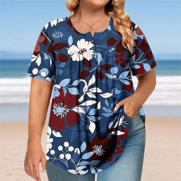 Women's Summer Tops Short Sleeve Tunic Loose Fitting Blouses Henley Shirts, Limited Time Under 10 Dollars SA-481
