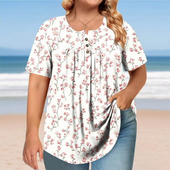 Women's Summer Tops Short Sleeve Tunic Loose Fitting Blouses Henley Shirts, Limited Time Under 10 Dollars SA-481