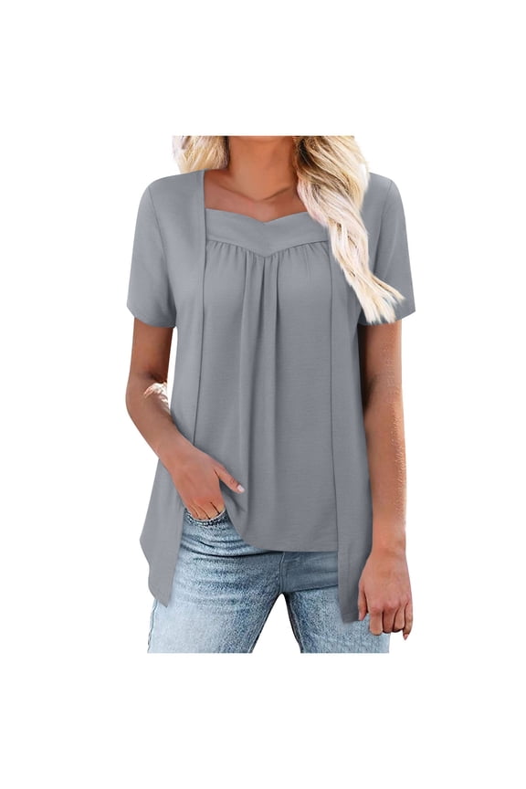 Women's Summer Tops Solid Color Fake Two Piece Short Sleeve Round-Neck Blouses Top A-Gray
