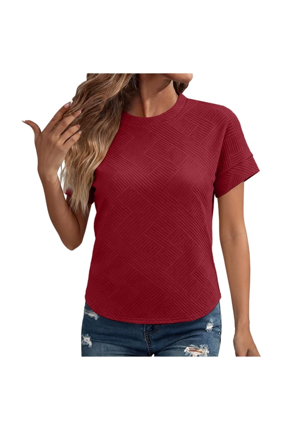 Women's Summer Tops Solid Short Sleeve T-Shirts Fashion Sleeve Round Jacquard Bottoming Shirts Spring Clothing Pullover Top