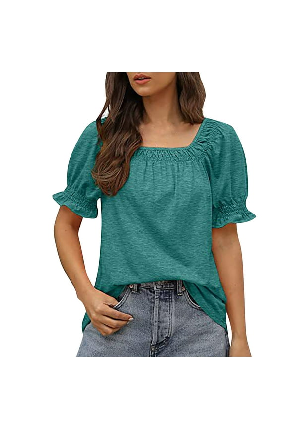 Women's Summer Tops Square Neck Ruffle Sleeve Shirts Business Dressy Casual Blouses Trendy Loose Tunic Basic Tee (XL, Green)