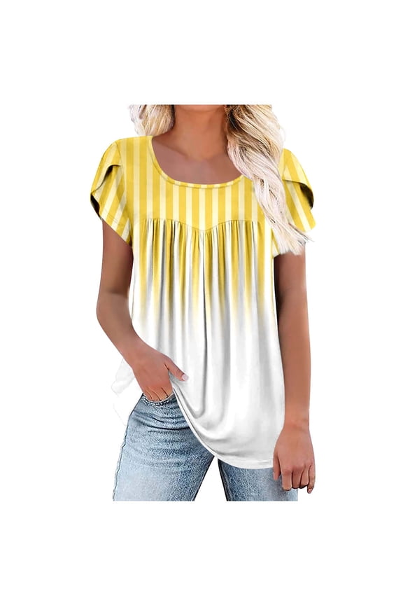 Women's Summer Tops Striped Pleated Crew Neck Petal Short Sleeve Flowy Shirts Gradient Print Casual Blouses (2XL, Yellow)
