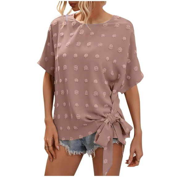 Women's Summer Tops Summer Casual Crew Neck Tie Side Short Sleeve Shirts Solid Color Jacquard Loose Tunic Blouses (XL, Pink)
